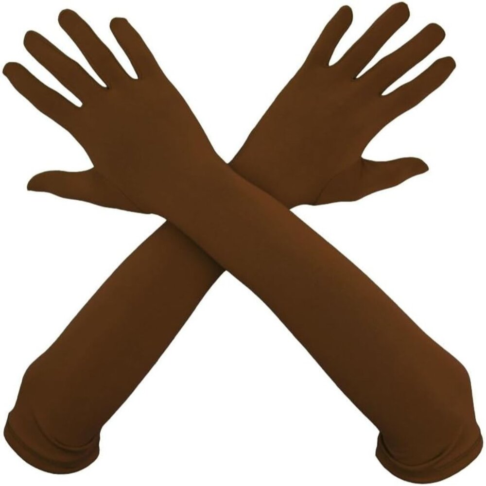 Women's Elbow Length Full Finger Satin Coffee Gloves Stretchy Party Costume